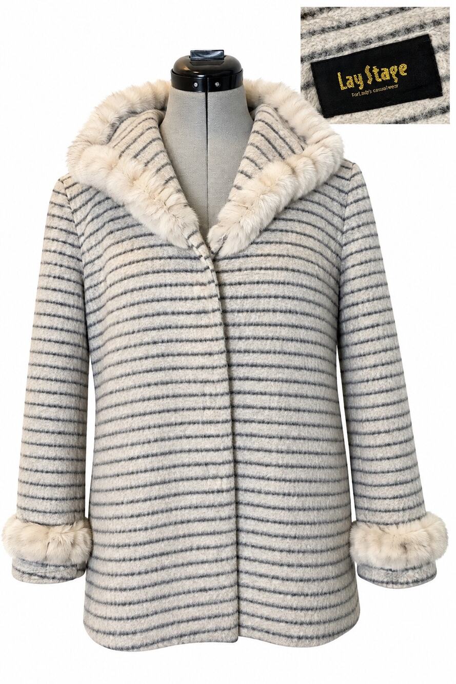 Lay Stage Vintage Mink Trim Soft Wool Striped Coat